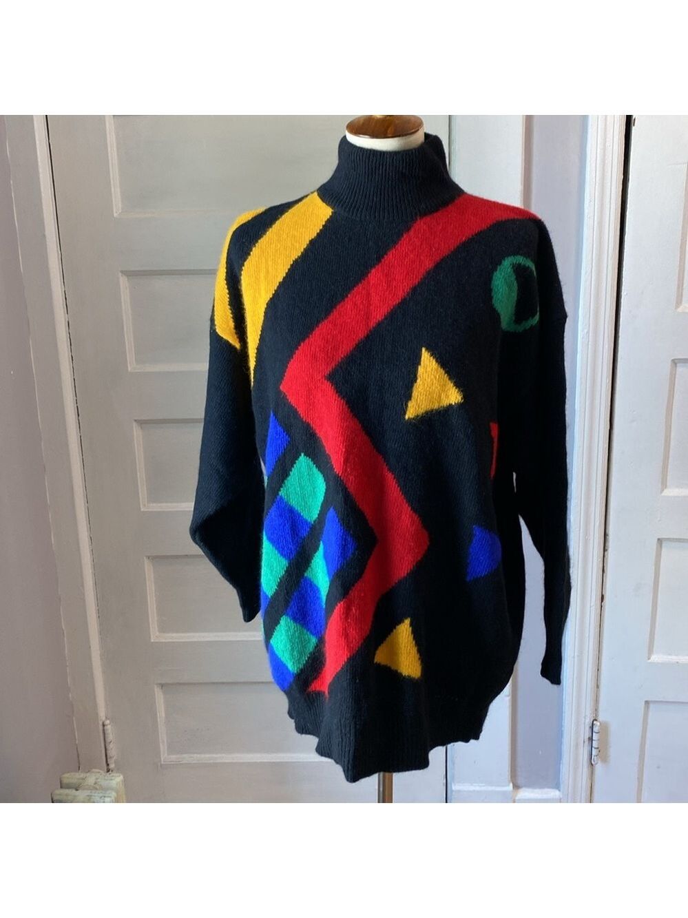 Vintage IB Sports Geometric Color Block Angora Lambswool Blend Sweater, Size M - Picture 9 of 12